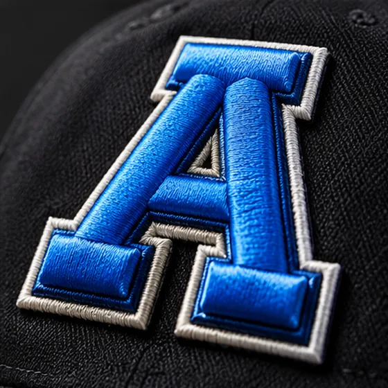 Raised blue 3D satin-stitch letter