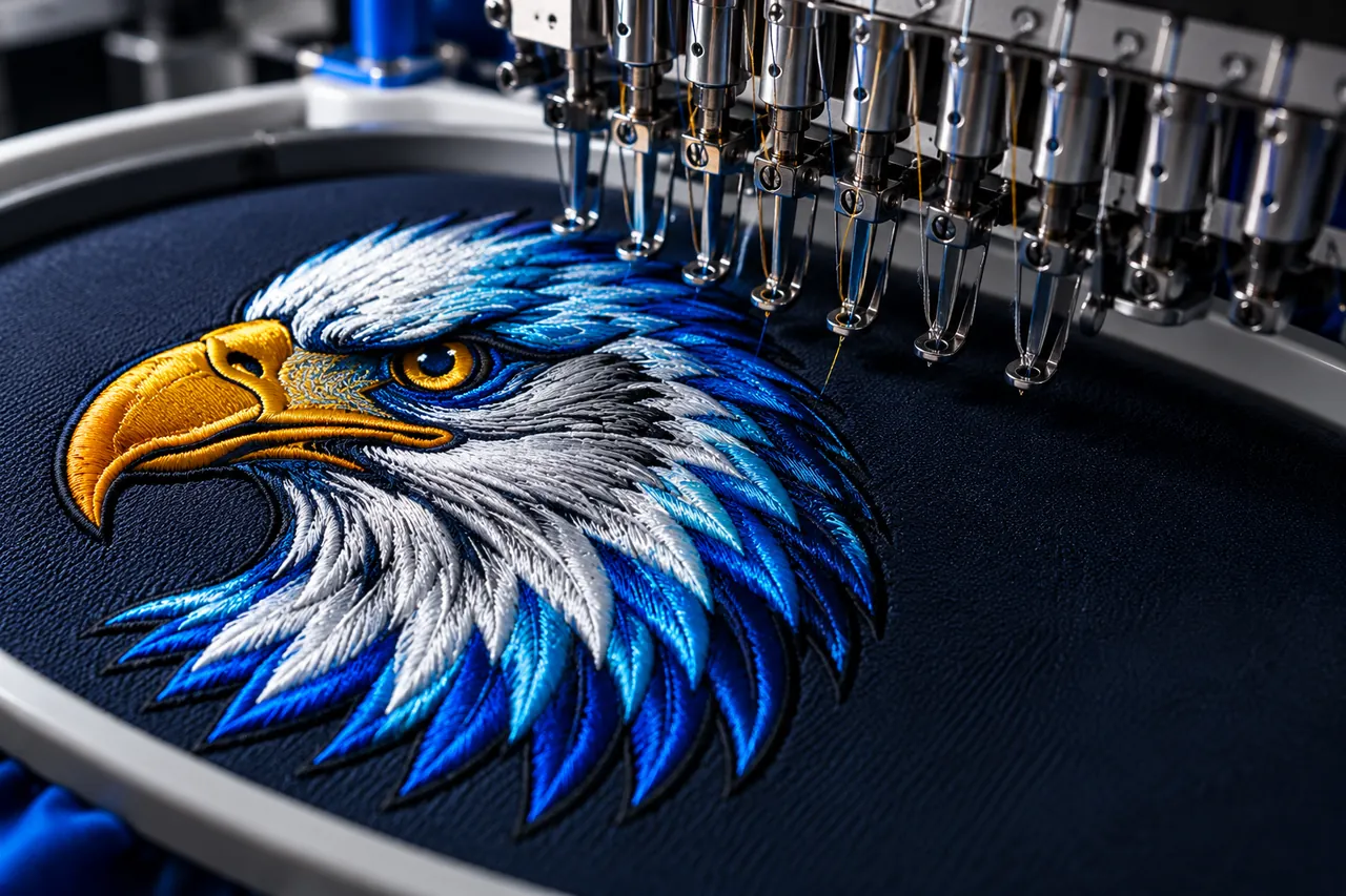 Close-up of an embroidery machine stitching a detailed blue and white eagle design