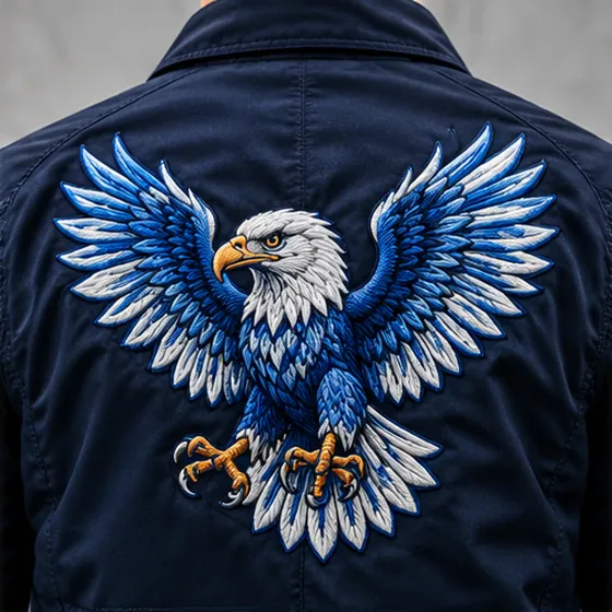 Detailed eagle embroidery on the back of a navy jacket