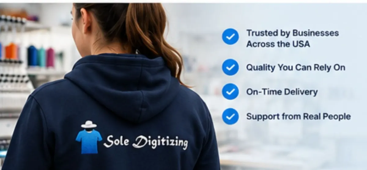 Sole Digitizing representative wearing a navy work shirt with the company logo on the back, beside customer-service commitments