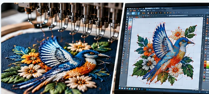 An embroidery machine stitching a detailed blue bird design beside the same artwork on a digitizing computer screen