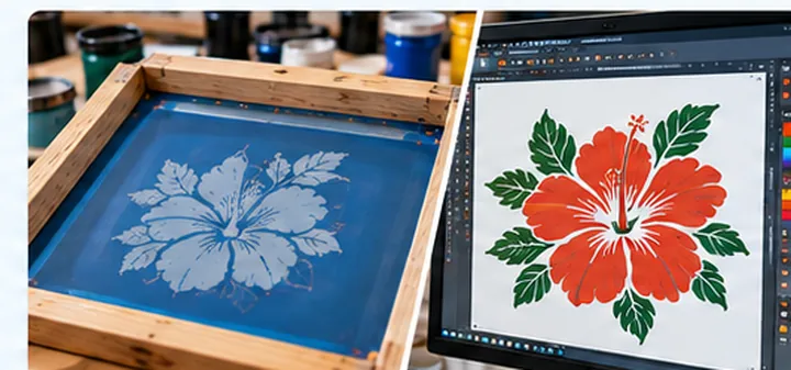 A white negative flower stencil on a wooden screen-printing frame alongside matching full-color vector artwork on a computer